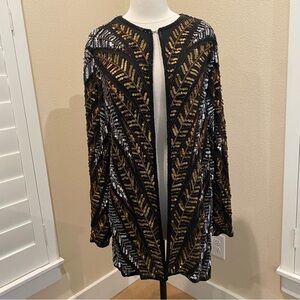 Vintage Judith Ann Sequin Beaded Jacket Open Silk Black Gold Evening 80's 1X